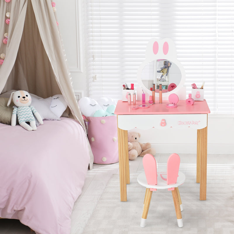 Kids Vanity Set Rabbit Makeup Dressing Table Chair Set with Mirror and Drawer-Pink