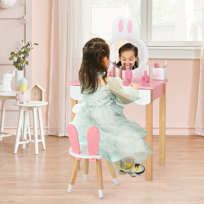 Kids Vanity Set Rabbit Makeup Dressing Table Chair Set with Mirror and Drawer-Pink