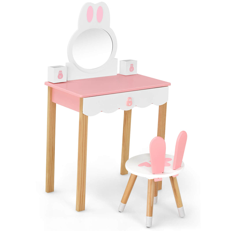 Kids Vanity Set Rabbit Makeup Dressing Table Chair Set with Mirror and Drawer-Pink