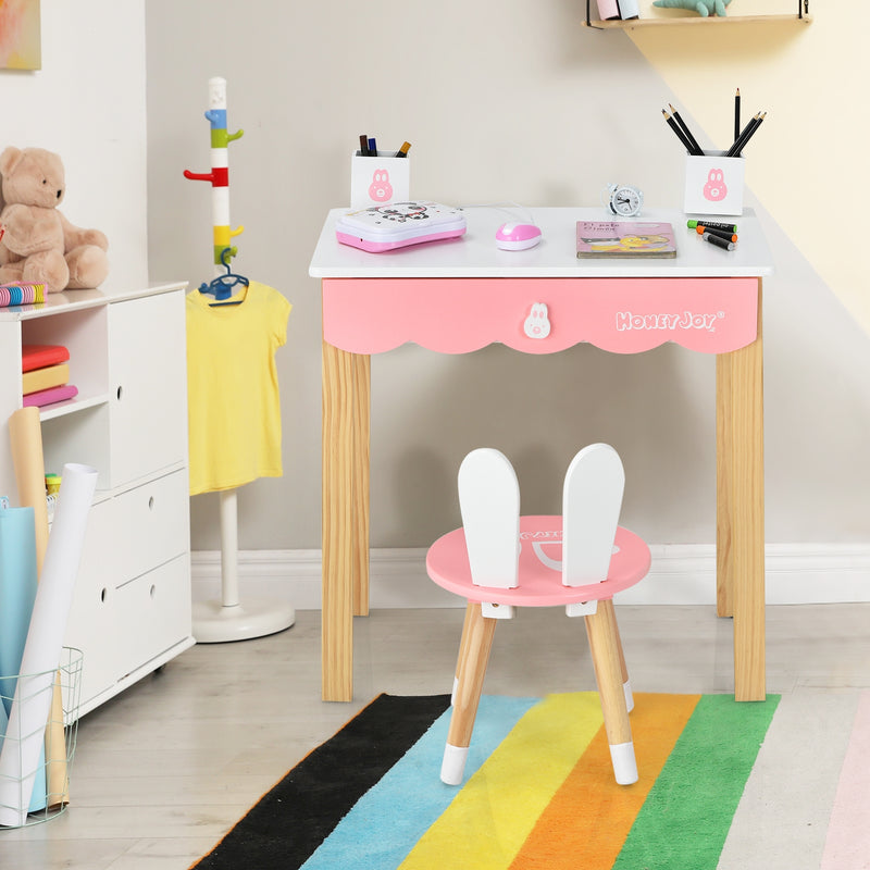 Kids Vanity Set Rabbit Makeup Dressing Table Chair Set with Mirror and Drawer-White