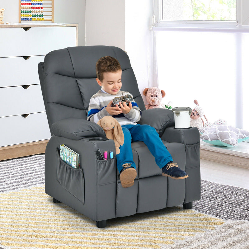 Kids Recliner Chair with Cup Holder and Footrest for Children-Gray