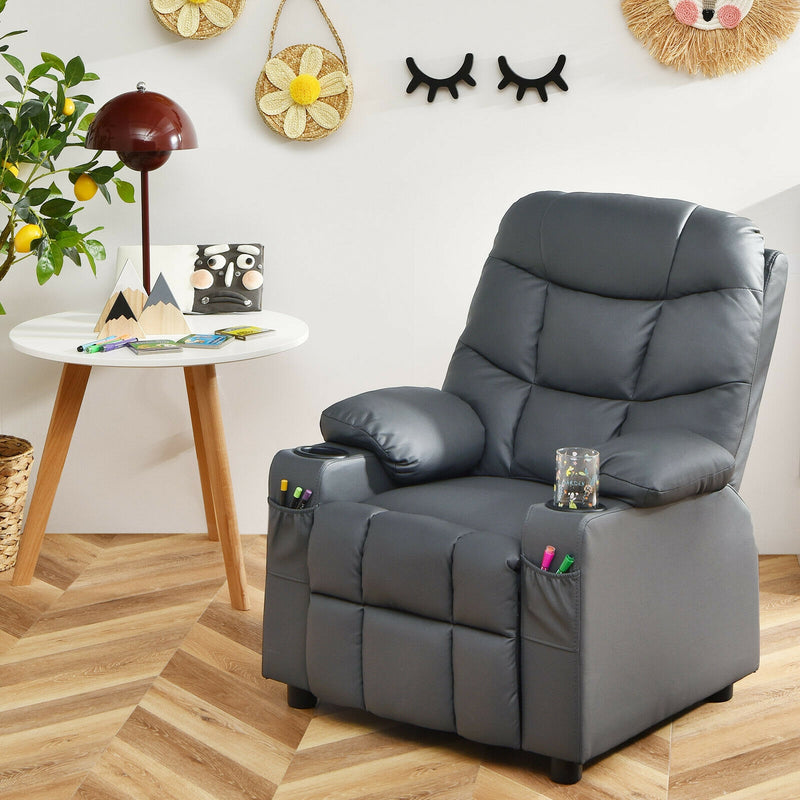 Kids Recliner Chair with Cup Holder and Footrest for Children-Gray