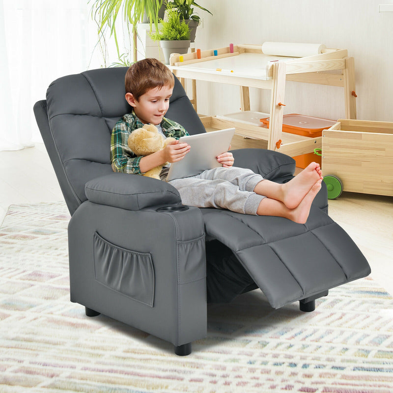 Kids Recliner Chair with Cup Holder and Footrest for Children-Gray