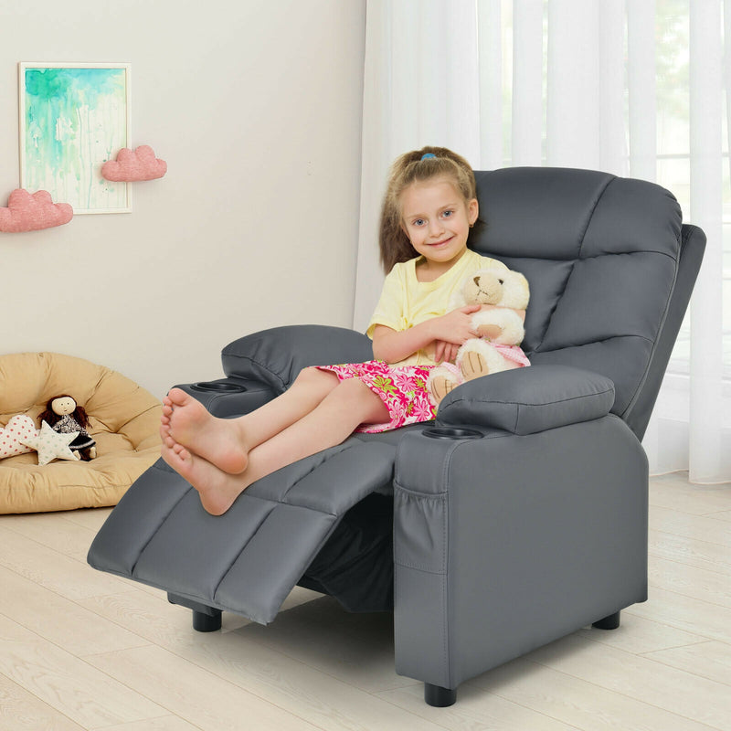 Kids Recliner Chair with Cup Holder and Footrest for Children-Gray