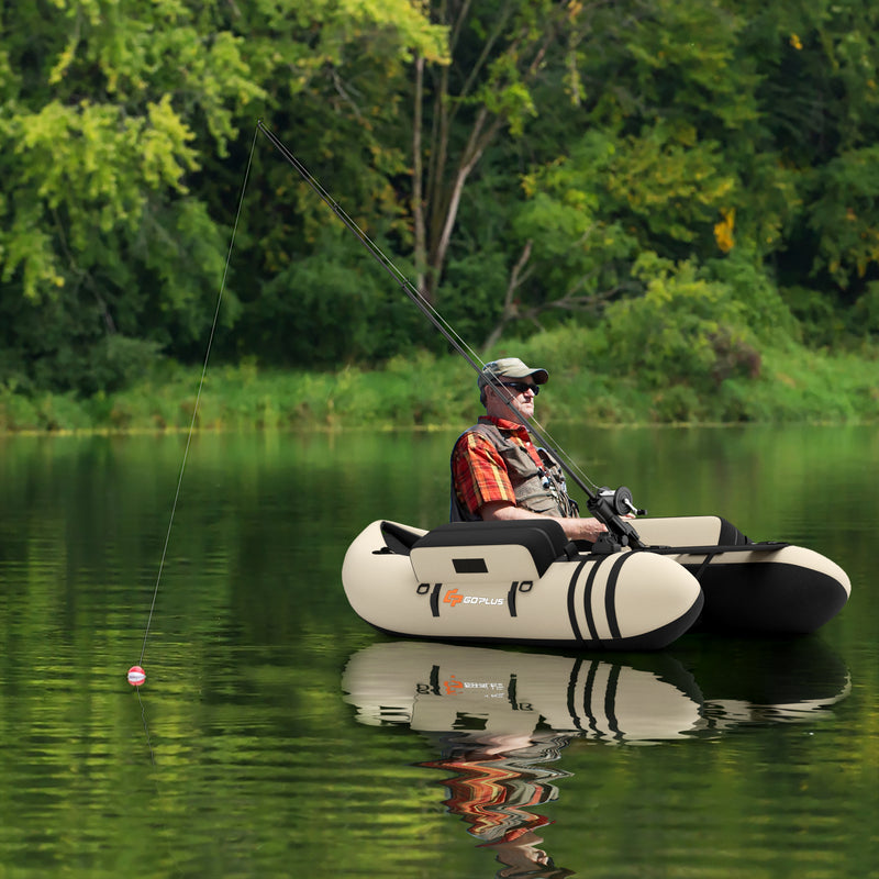 Inflatable Fishing Float Tube with Fish Ruler and Pump Storage Pockets-Beige