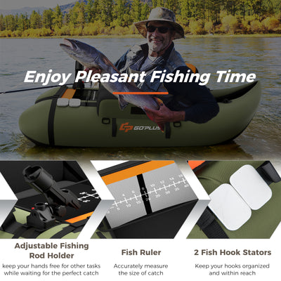 Inflatable Fishing Float Tube with Storage Pockets and Fish Ruler-Green