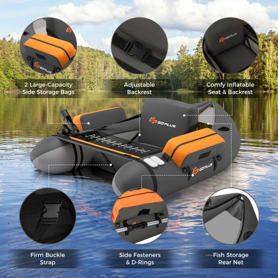 Inflatable Fishing Float Tube with Fish Ruler and Pump Storage Pockets-Gray