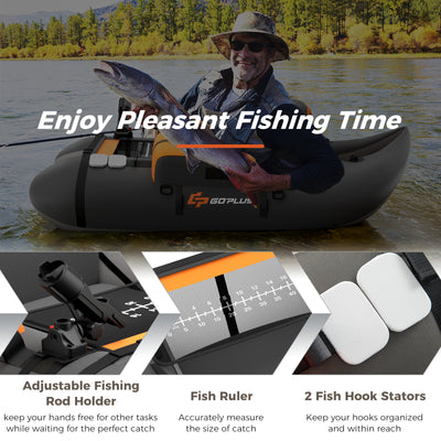 Inflatable Fishing Float Tube with Fish Ruler and Pump Storage Pockets-Gray