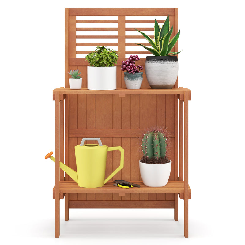 Folding Garden Potting Bench with 2-tier Storage Shelves and Teak Oil Finish for Garden Yard Balcony