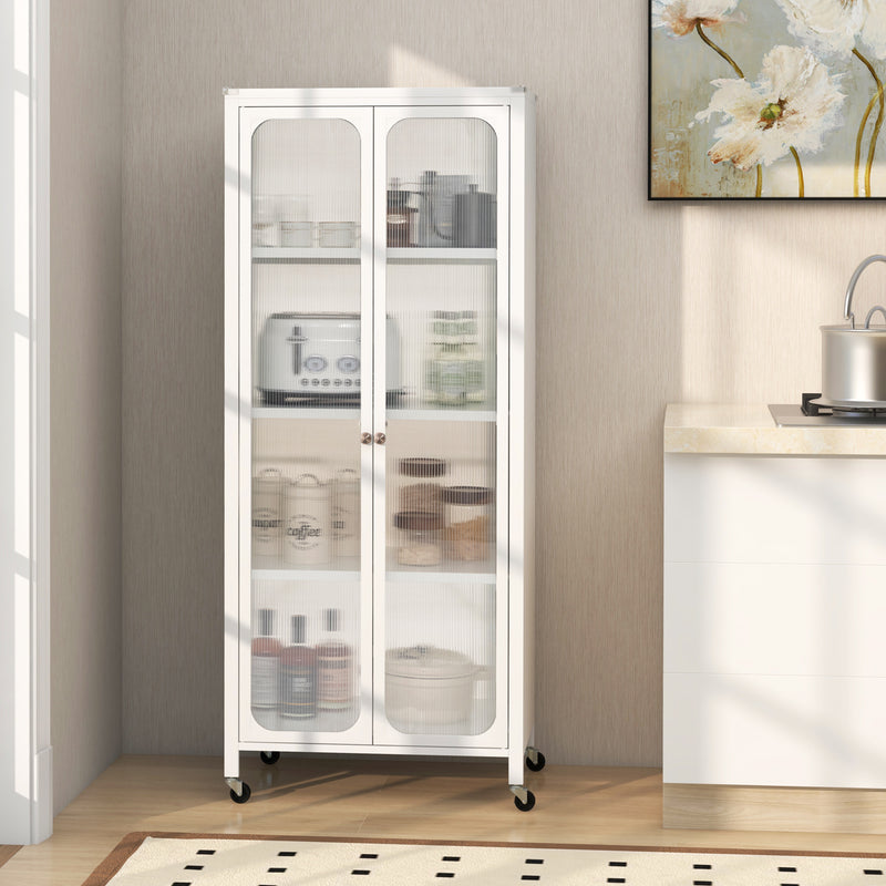 Glass Doors Storage Cabinet with Wheels and Adjustable Shelves-White