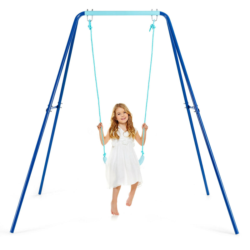 Outdoor Kids Swing Set with Heavy-Duty Metal A-Frame and Ground Stakes-Blue