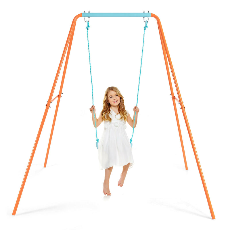 Outdoor Kids Swing Set with Heavy-Duty Metal A-Frame and Ground Stakes-Orange