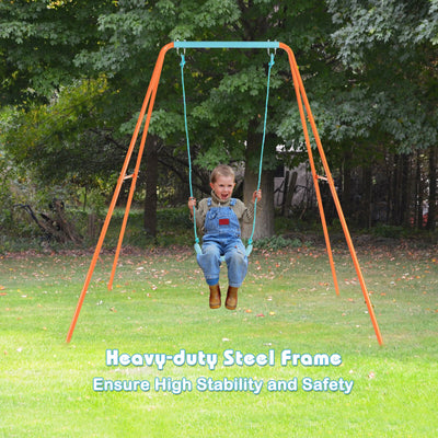 Outdoor Kids Swing Set with Heavy-Duty Metal A-Frame and Ground Stakes-Orange