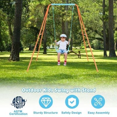 Outdoor Kids Swing Set with Heavy-Duty Metal A-Frame and Ground Stakes-Orange