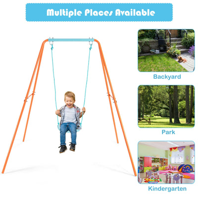 Outdoor Kids Swing Set with Heavy-Duty Metal A-Frame and Ground Stakes-Orange