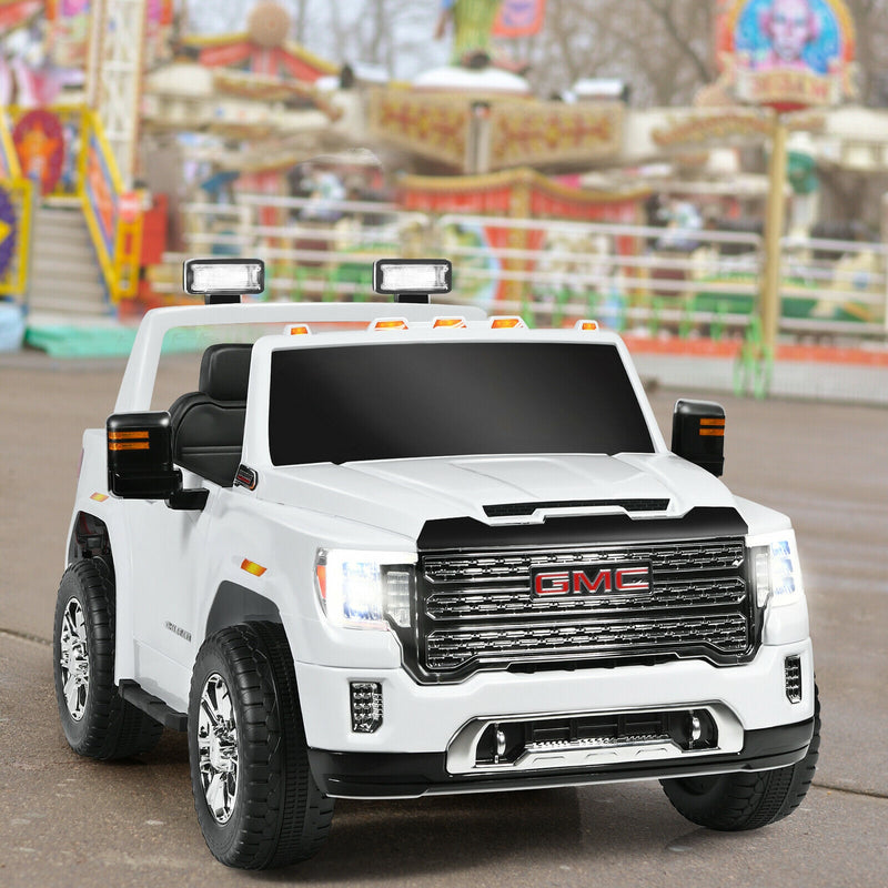 12V 2-Seater Licensed GMC Kids Ride On Truck RC Electric Car with Storage Box-White