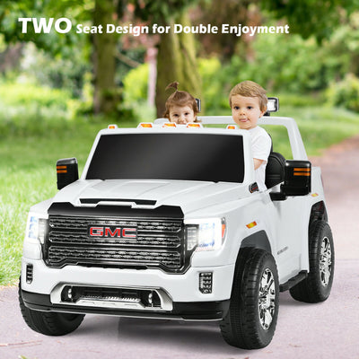 12V 2-Seater Licensed GMC Kids Ride On Truck RC Electric Car with Storage Box-White