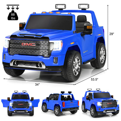 12V 2-Seater Licensed GMC Kids Ride On Truck RC Electric Car with Storage Box-Blue