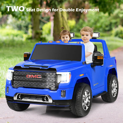 12V 2-Seater Licensed GMC Kids Ride On Truck RC Electric Car with Storage Box-Blue