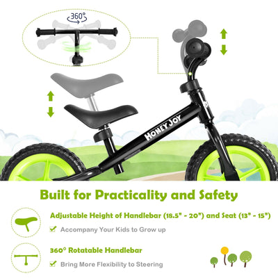 Kids No Pedal Balance Bike with Adjustable Handlebar and Seat-Black