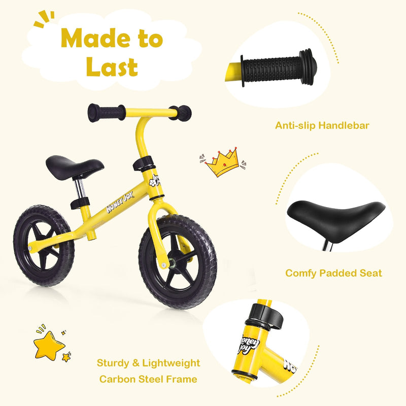 Kids No Pedal Balance Bike with Adjustable Handlebar and Seat-Yellow