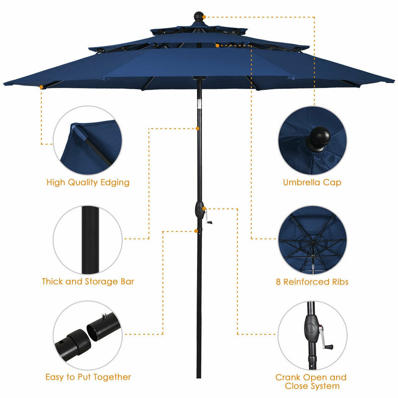 10ft 3 Tier Outdoor Patio Umbrella with Double Vented-Navy