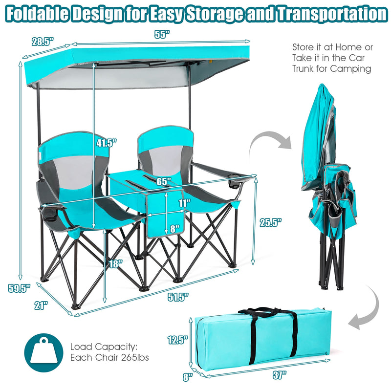 Portable Folding Camping Canopy Chairs with Cup Holder-Turquoise