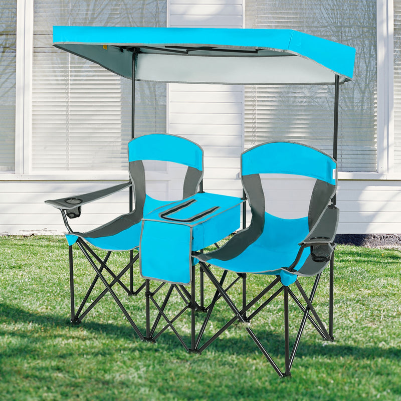 Portable Folding Camping Canopy Chairs with Cup Holder-Blue