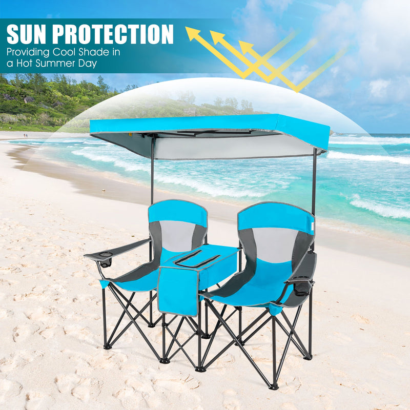 Portable Folding Camping Canopy Chairs with Cup Holder-Blue