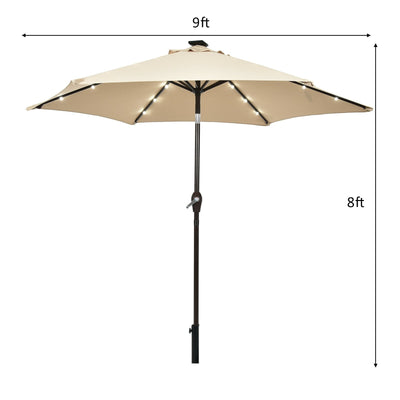 9' Solar LED Lighted Patio Market Umbrella Tilt Adjustment Crank Lift -Beige