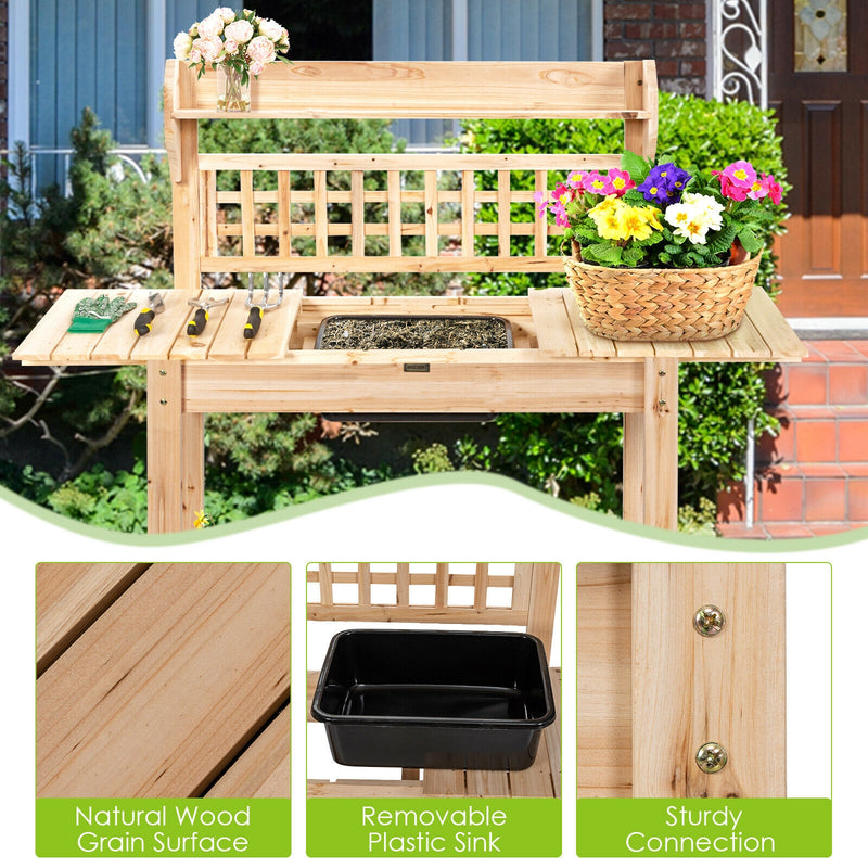 Garden Potting Bench Workstation Table with Sliding Tabletop Sink Shelves