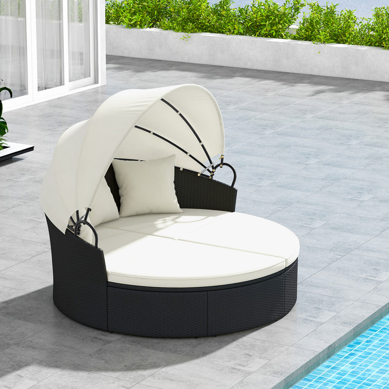 Clamshell Patio Round Daybed Wicker with Retractable Canopy and Pillows-Off White