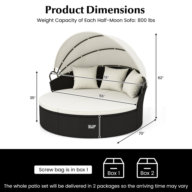 Clamshell Patio Round Daybed Wicker with Retractable Canopy and Pillows-Off White