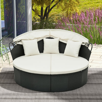 Clamshell Patio Round Daybed Wicker with Retractable Canopy and Pillows-Off White