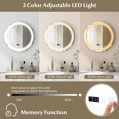 Anti-Fog Round Led Bathroom Mirror with 3 Color LED Lights-S