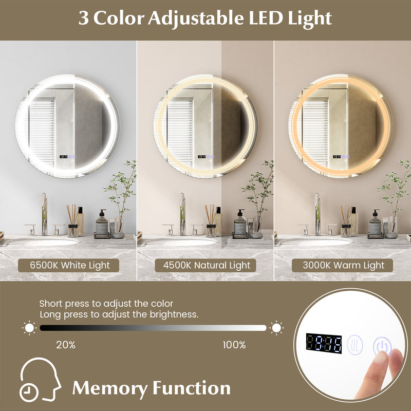 Anti-Fog Round Led Bathroom Mirror with 3 Color LED Lights-M