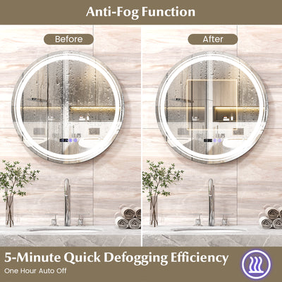 Anti-Fog Round Led Bathroom Mirror with 3 Color LED Lights-M