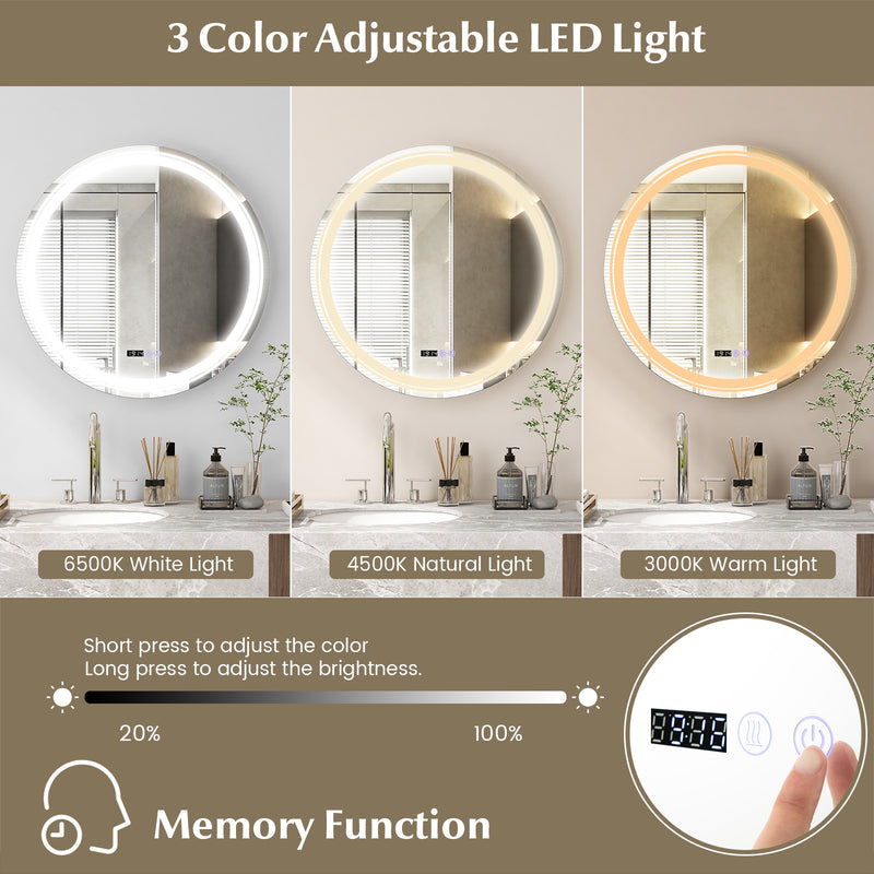 Anti-Fog Round Led Bathroom Mirror with 3 Color LED Lights-L