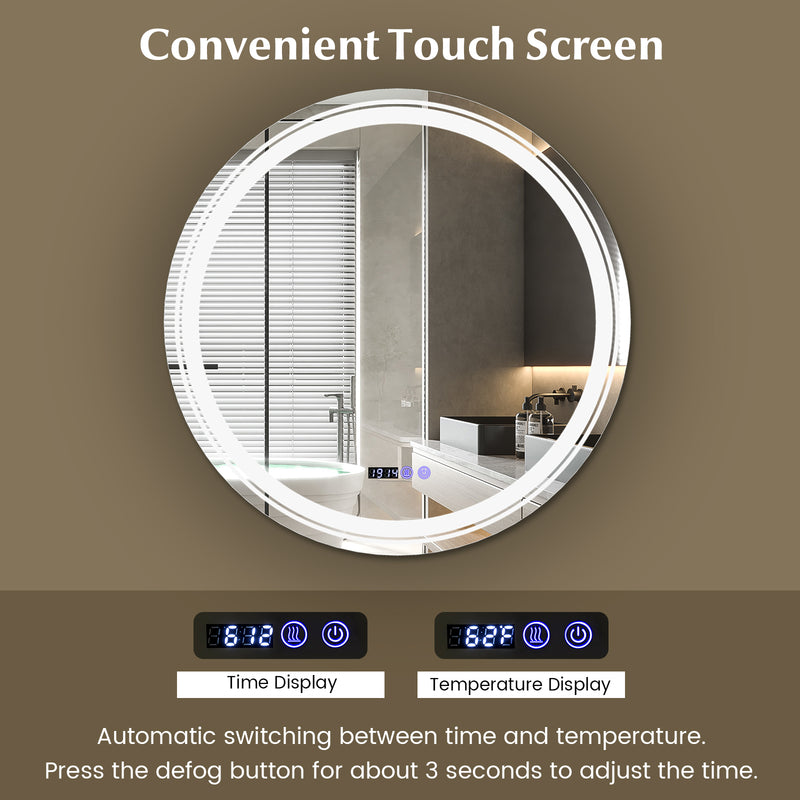 Anti-Fog Round Led Bathroom Mirror with 3 Color LED Lights-L