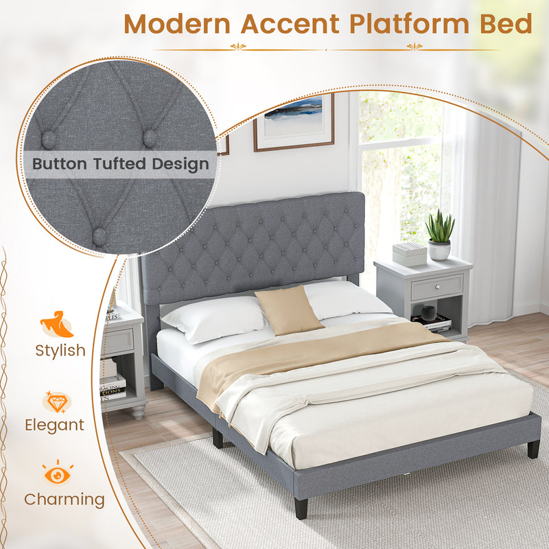 Queen Size Upholstered Platform Bed with Button Tufted Headboard-Gray