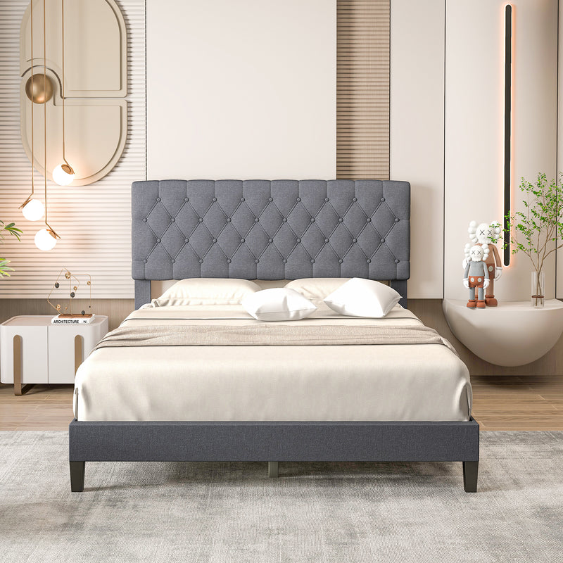 Queen Size Upholstered Platform Bed with Button Tufted Headboard-Gray