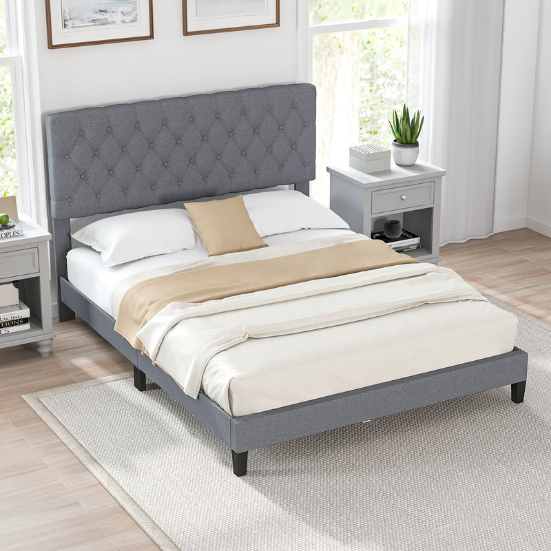 Queen Size Upholstered Platform Bed with Button Tufted Headboard-Gray