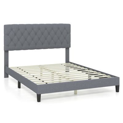 Queen Size Upholstered Platform Bed with Button Tufted Headboard-Gray