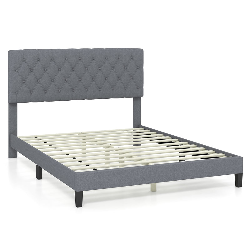 Queen Size Upholstered Platform Bed with Button Tufted Headboard-Gray