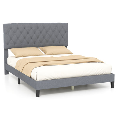 Queen Size Upholstered Platform Bed with Button Tufted Headboard-Gray