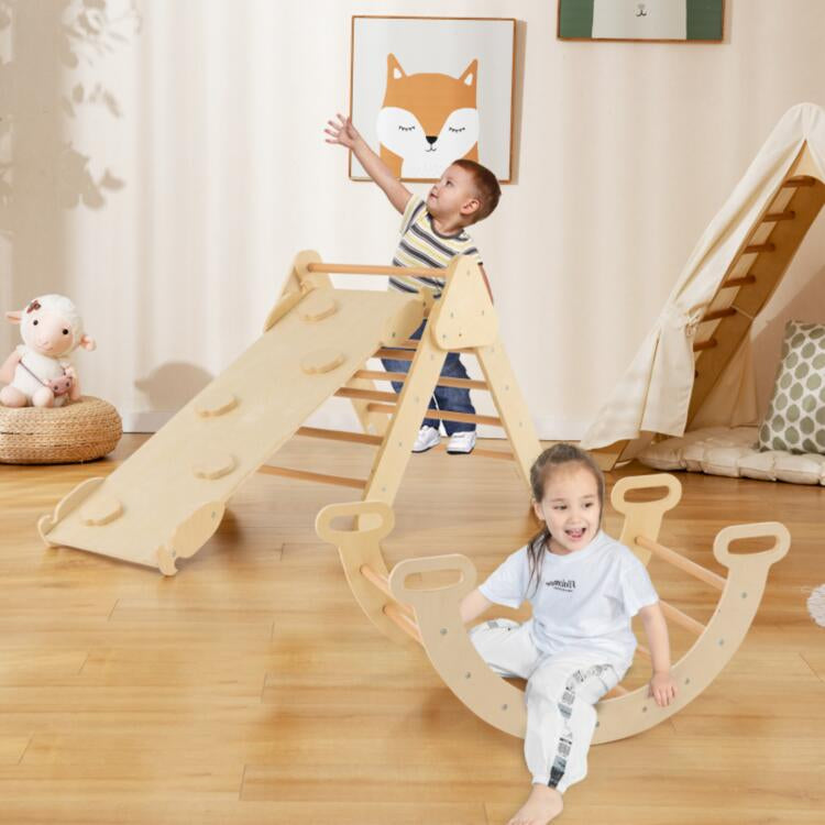 2-in-1 Wooden Kids Climber Toys with Triangle Arch Ramp-Natural