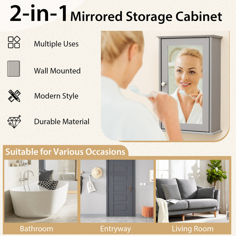 Bathroom Wall Cabinet with Single Mirror Door-Gray