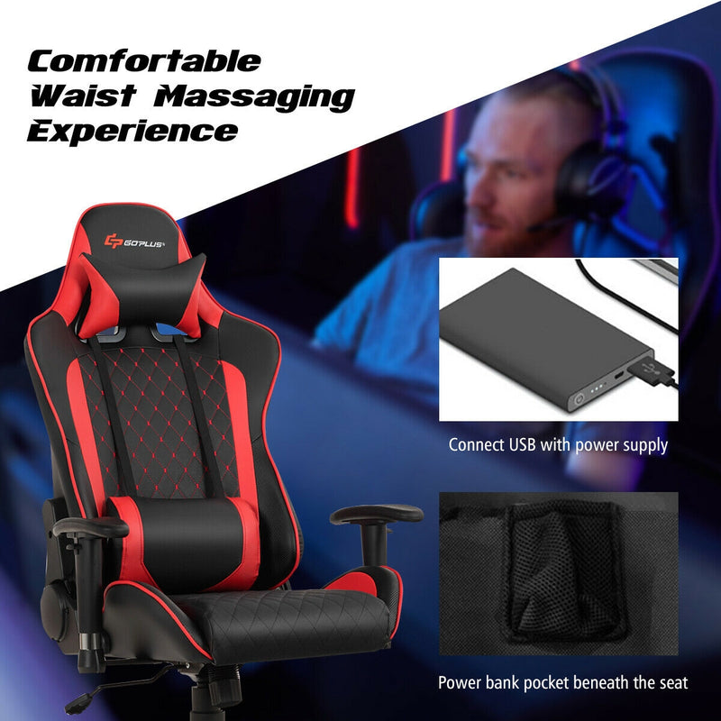 Massage Gaming Chair with Lumbar Support and Headrest-Red