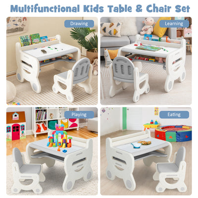 Kids Drawing Table and Chair Set with Watercolor Pens and Blackboard Eraser-Gray