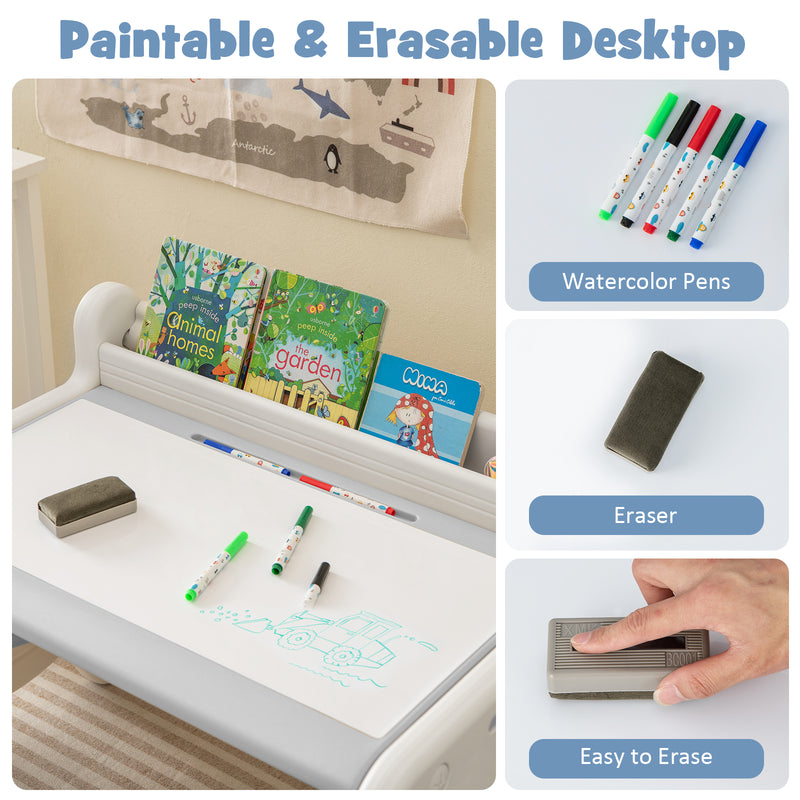 Kids Drawing Table and Chair Set with Watercolor Pens and Blackboard Eraser-Gray